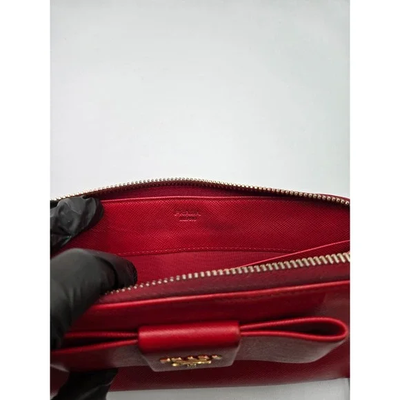 Prada Red Saffiano Leather Bow Continental‎ Zip Around Wallet Authentic - Picture 6 of 13